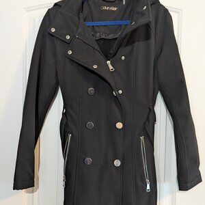 Calvin Klein Black Double-Breasted Trench Coat • Size L • Fully Lined